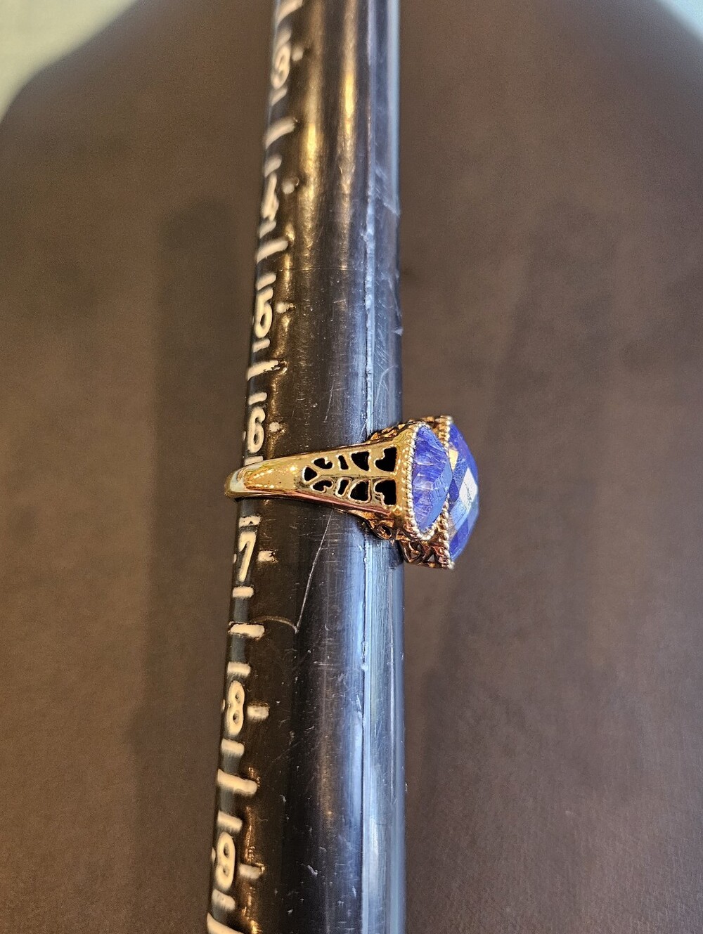 Three-Stone Blue Faceted Lapis Gemstone Ring in Gold Over Sterling Silver - Picture 3 of 7
